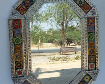 PUNCHED TIN MIRROR octagonal mixed talavera tile mexican folk art mirrors wall decoration