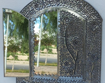 PUNCHED TIN MIRROR arched mirror, mexican folk art