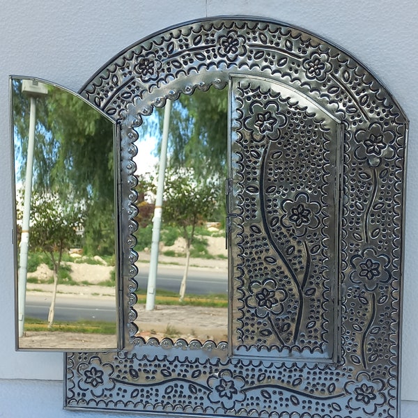 PUNCHED TIN MIRROR arched mirror, mexican folk art