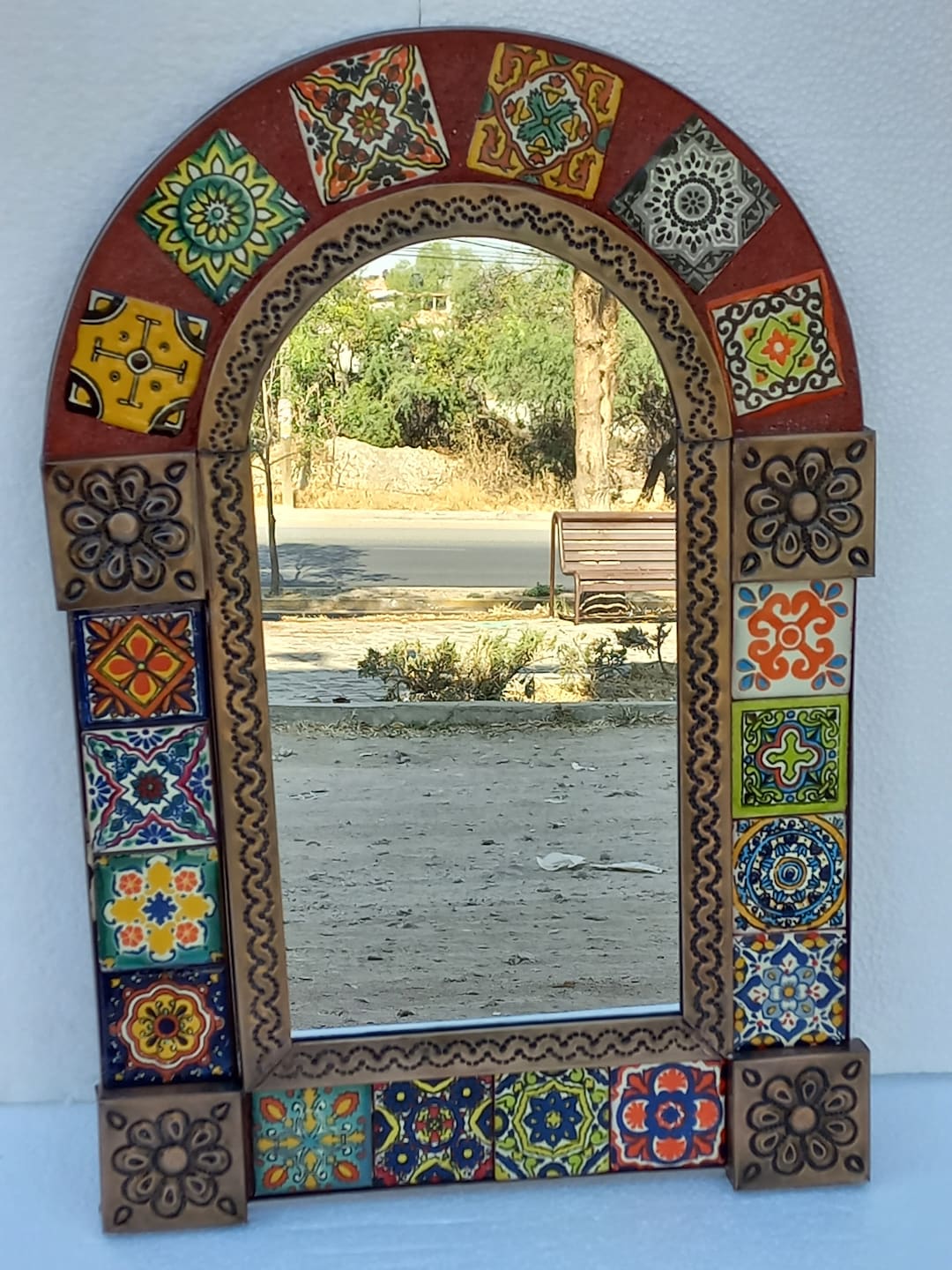 19 punched tin mirror arched mirror with mixed talavera tile mexican