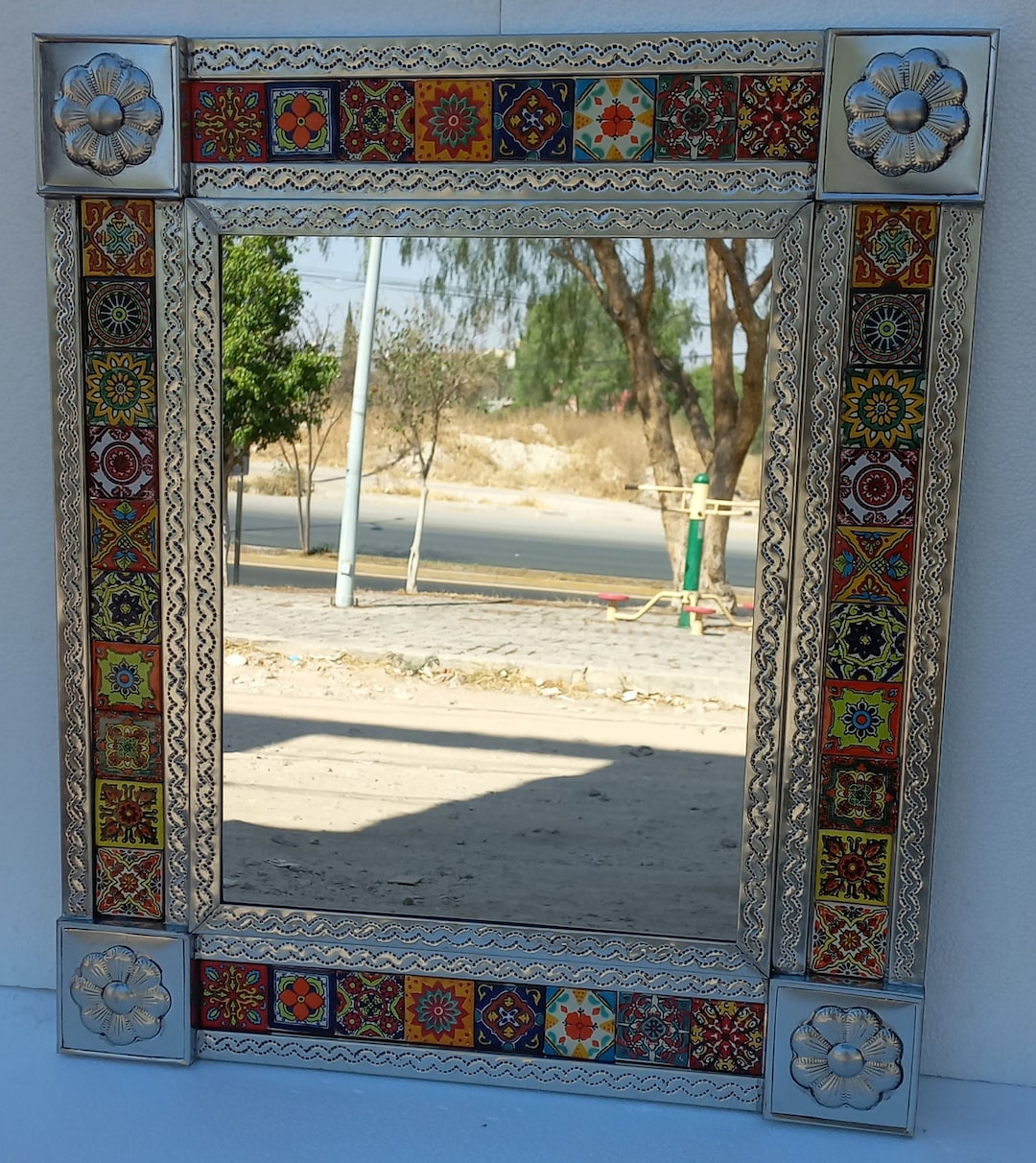29 PUNCHED TIN MIRROR With Mixed Talavera Tile, Mexican Folk