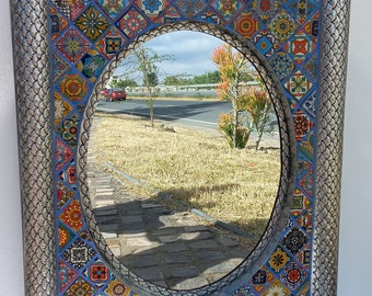 33" PUNCHED TIN MIRROR with Mexican talavera tile, hacienda style, handmade