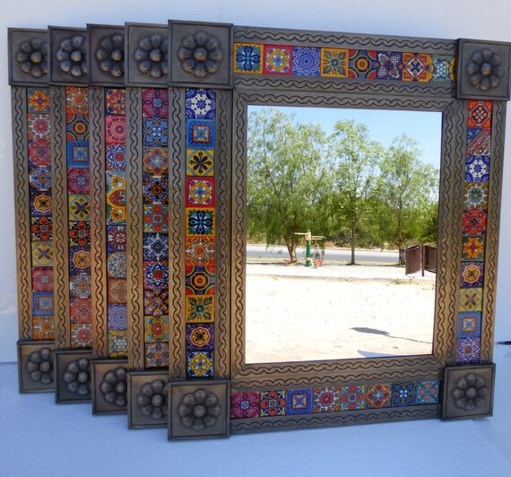 Set Of 5 Punched Tin Mirrors With Talavera Tile Mexican Punched Tin Mirrors With Talavera Tile