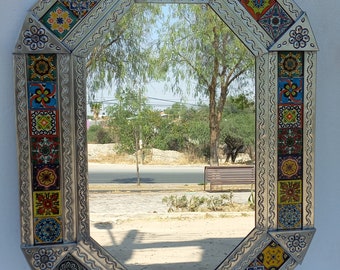 PUNCHED TIN MIRROR octagonal mixed talavera tile mexican folk art mirrors wall decoration