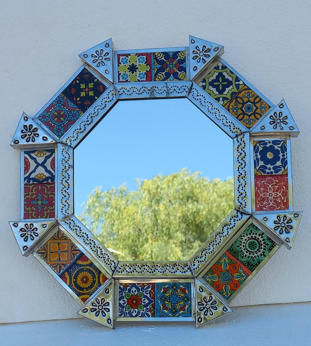 15 PUNCHED TIN MIRROR Octagonal Mixed Talavera Tiles Mexican Folk