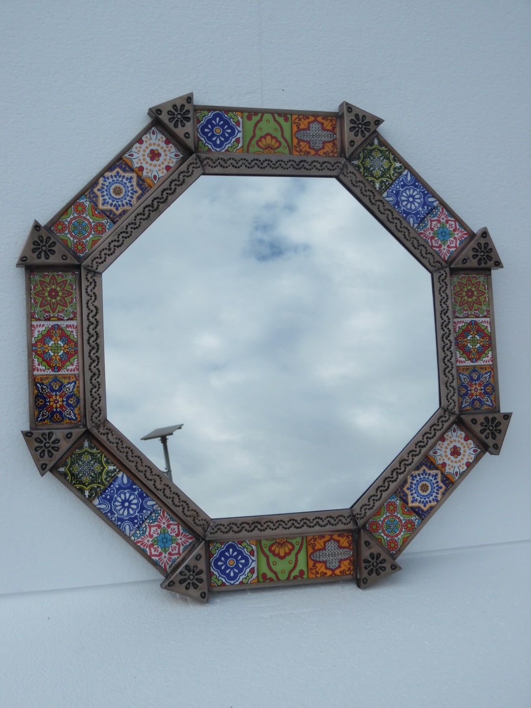 20 PUNCHED TIN MIRROR Octagonal Mixed Talavera Tiles Mexican Folk