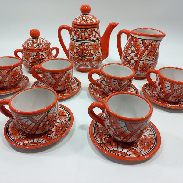 TALAVERA TEA SET for 6 person, 17 colorful ceramic pieces mexican pottery teapot
