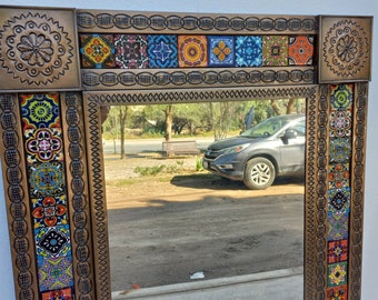 29" PUNCHED TIN MIRROR with mixed talavera tile, mexican handmade  wall decoration