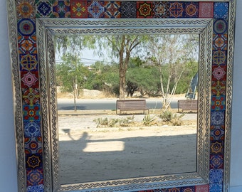 29" PUNCHED TIN MIRROR with mixed talavera tile, mexican folk art wall decoration