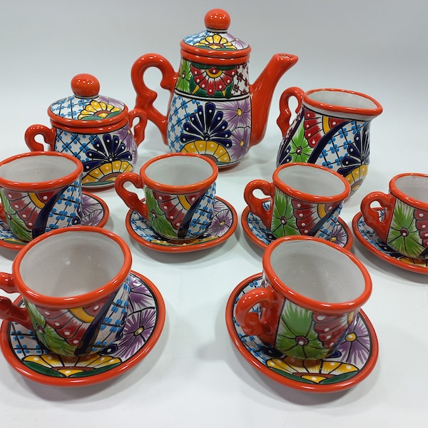 TALAVERA TEA SET for 6 person, 17 colorful ceramic pieces mexican pottery teapot