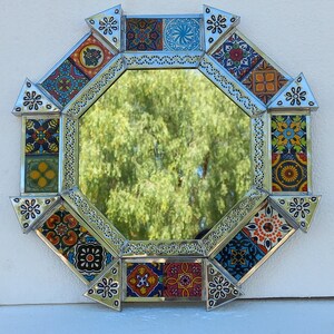 15" PUNCHED TIN MIRROR octagonal   mixed talavera tiles    mexican folk art