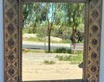 27" PUNCHED TIN MIRROR, mexican folk art wall decoration