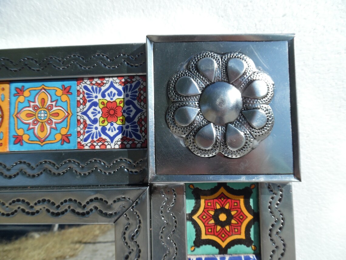 PUNCHED TIN MIRROR Mixed Talavera Tile Mexican Ethnic Hand Etsy