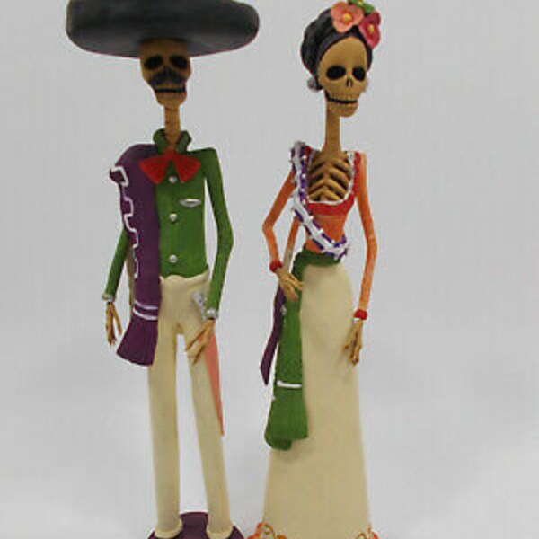 2 CATRINA SET handmade clay sculpture figurines lot mexican day of the dead 15"