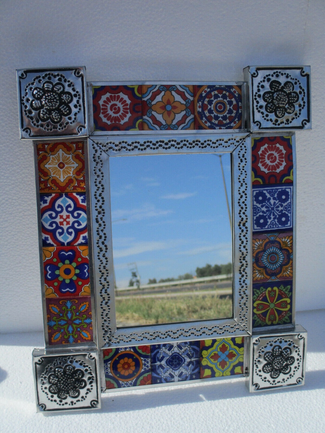 PUNCHED TIN MIRROR With Mixed Talavera Tile Mexican Folk Art Etsy