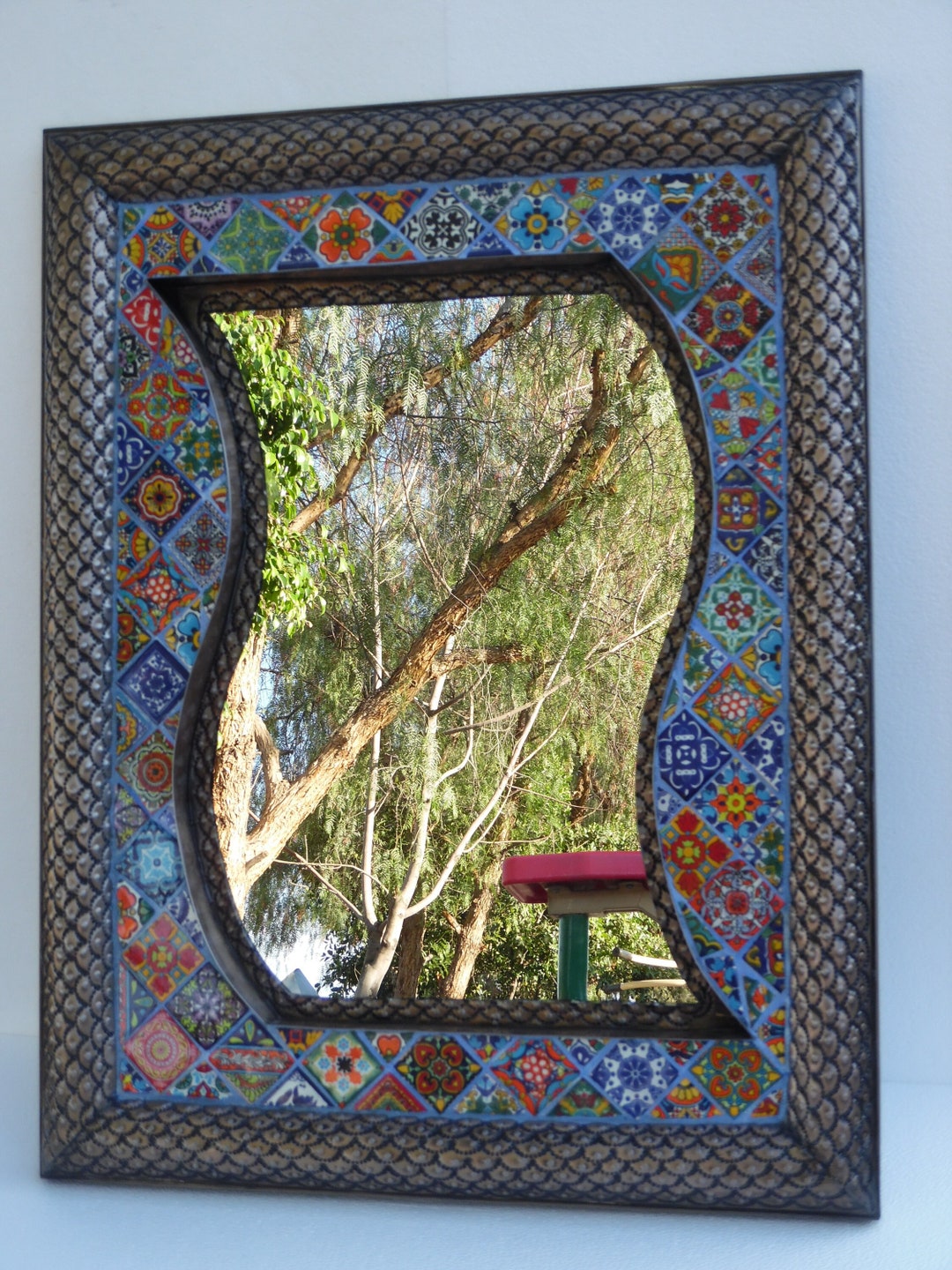 33 PUNCHED TIN MIRROR With Mexican Talavera Tile, Hacienda Style