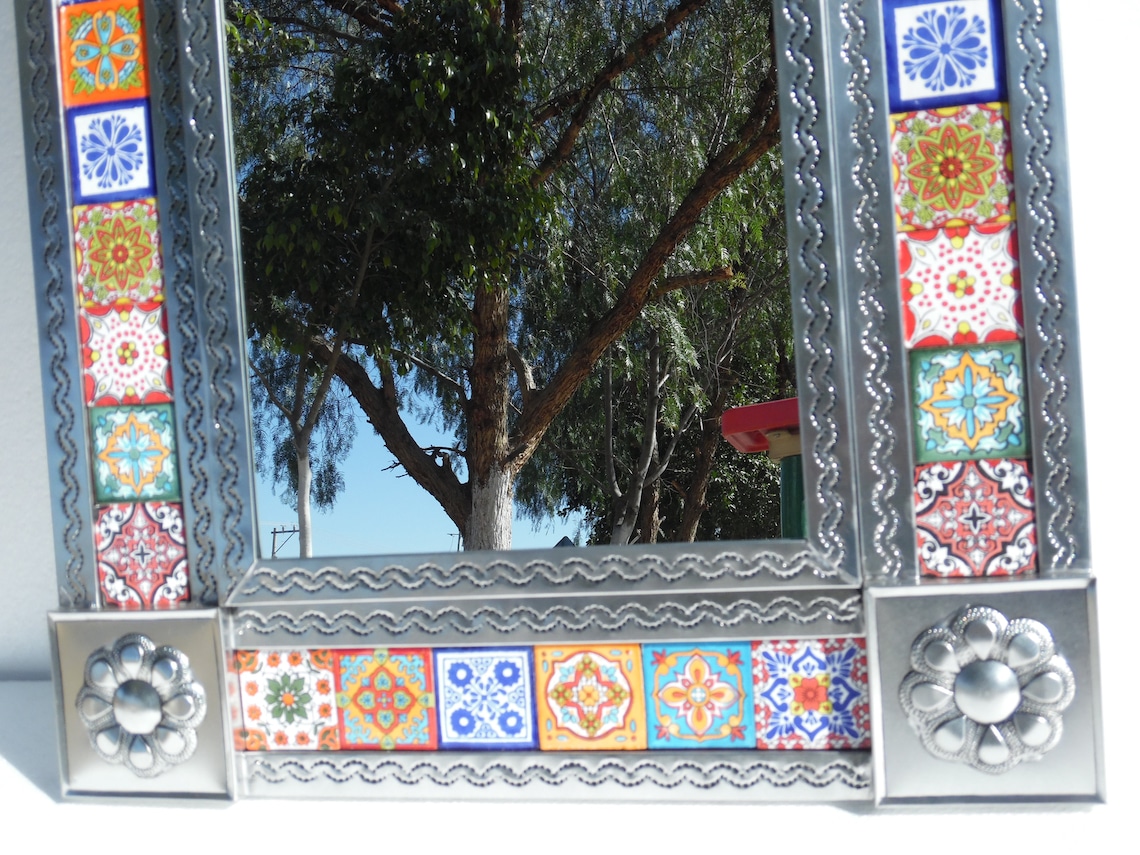 PUNCHED TIN MIRROR Mixed Talavera Tile Mexican Ethnic Hand Etsy