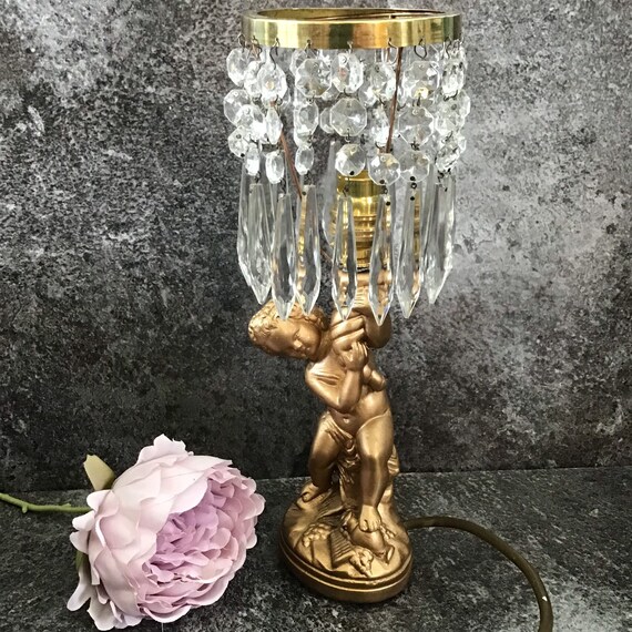 French Cherub Chandelier Table Lamp With Faceted Droplets - Antique Bronze Cherub Chandelier French Cherub Chandelier Table Lamp With Faceted Droplets - Antique Bronze Cherub Chandelier