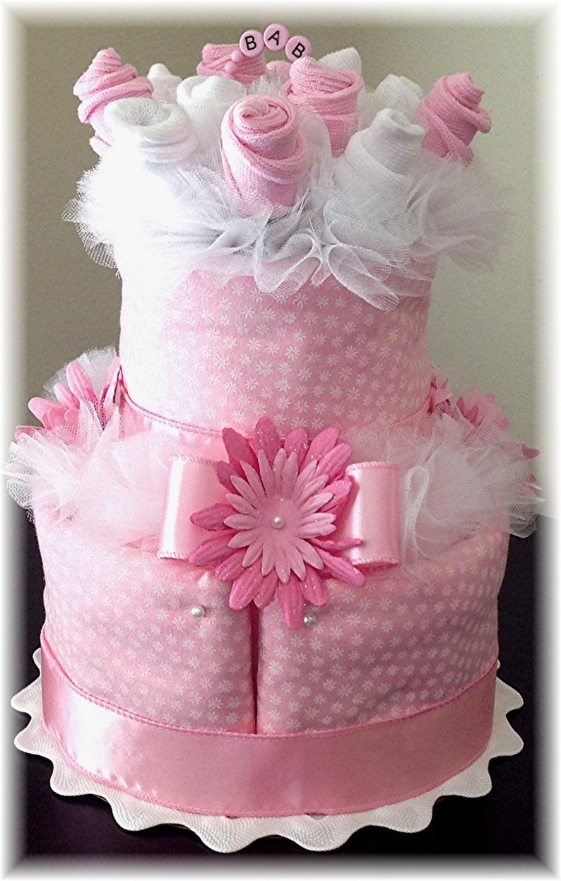 2 Tier Baby Sock Bouquet Burp Cloth Cake Pink White Flowers Etsy