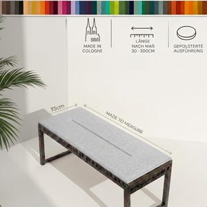 Cojín de banco acolchado de 23 mm de grosor y 35 cm de profundidad, fabricado en fieltro rPET, longitud universal (disponible a petición) --- ¡con pespunte acolchado! --- fabricado en Colonia, MODELO: HARMONIA