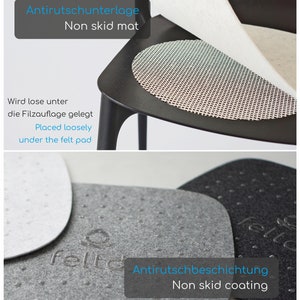 May include: A close-up of a gray felt pad with a non-slip coating. The text "Antirutschbeschichtung" and "Non skid coating" is visible on the pad. The pad is on a marble surface.
