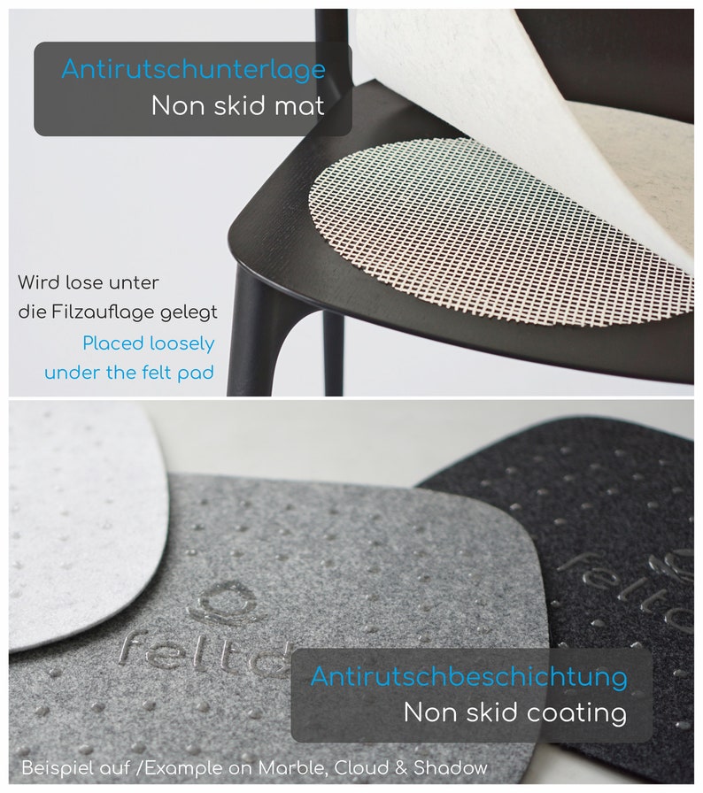 May include: A close-up of a gray felt pad with a non-slip coating. The text "Antirutschbeschichtung" and "Non skid coating" is visible on the pad. The pad is on a marble surface.