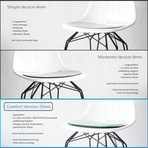May include: Three different versions of a chair cushion with varying thicknesses: 4mm, 8mm, and 23mm. The cushions are shown on a white chair with black metal legs. The cushions are made of a soft, comfortable material and are available in a variety of colors. The cushions are designed to provide extra comfort and support while sitting.  The cushions are also available with optional anti-slip features.