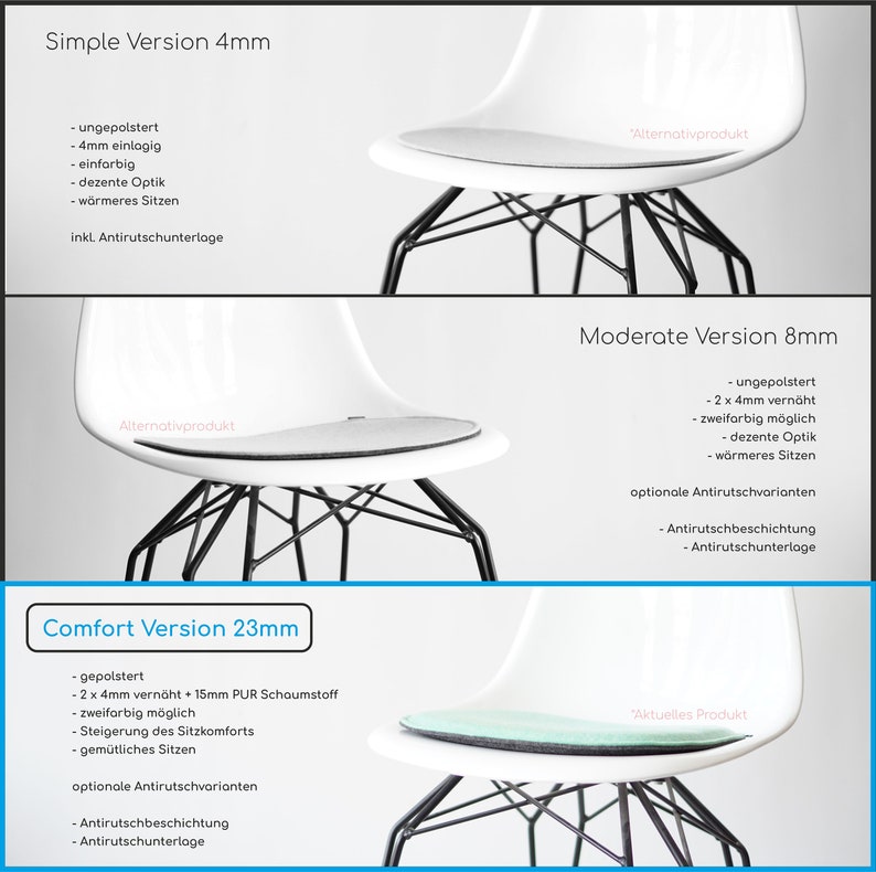 May include: Three different versions of a chair cushion with varying thicknesses: 4mm, 8mm, and 23mm. The cushions are shown on a white chair with black metal legs. The cushions are made of a soft, comfortable material and are available in a variety of colors. The cushions are designed to provide extra comfort and support while sitting.  The cushions are also available with optional anti-slip features.