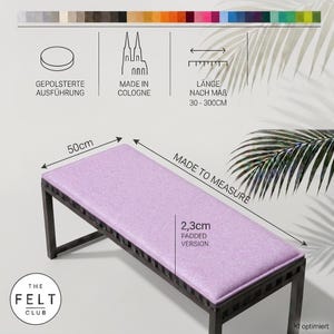 Cojín de banco de fieltro de 50 cm de profundidad y 23 mm de grosor, acolchado, universal – longitud disponible bajo pedido – 36 colores – comercio justo – fabricado en Colonia