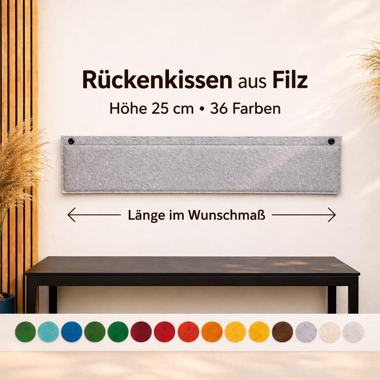 25 cm hohes Filz Wandkissen – INKL. WANDHALTERUNGEN – Rückenpolster – Länge im Wunschmaß – 36 Farben – Fair & Handmade in Cologne