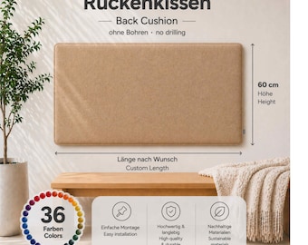 60 cm high felt wall cushion – NO DRILLING REQUIRED – back cushion – custom length – 36 colors – Fair & Handmade in Cologne