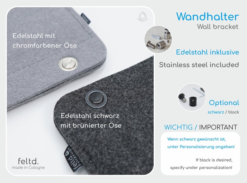 K&ouml;nnte beinhalten: Nahaufnahme von zwei Wandhaltern aus Filz, einer grau mit silberner &Ouml;se und der andere dunkelgrau mit schwarzer &Ouml;se. Text auf dem Bild: "Wandhalter" und "Edelstahl inklusive."