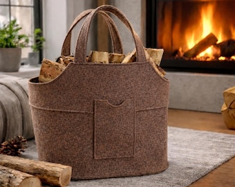 Felt Firewood Basket - Basket for wood, textiles, newspapers, etc. XXL size with carrying handles and base! - Sustainable - Fair & made in Cologne