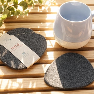 May include: A set of dark grey felt coasters with irregular rounded shapes. One coaster is wrapped in a beige paper band labelled "feltd. feltdesign" with small icons. A light blue and white ceramic mug sits nearby on a slatted wooden surface.