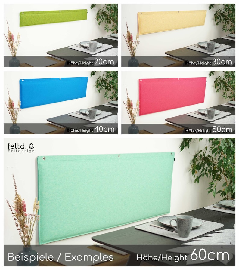 K&ouml;nnte beinhalten: Darstellung rechteckiger Filzplatten in verschiedenen Farben, darunter Gr&uuml;n, Gelb, Blau und Rosa, an einer wei&szlig;en Wand befestigt. Jede Platte hat eine unterschiedliche H&ouml;he, von 20 cm bis 60 cm. Der Text "Beispiele / Examples" und "H&ouml;he/Height" ist sichtbar.