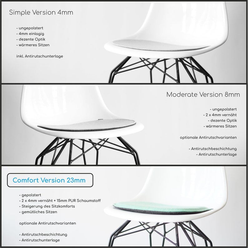 Gepolstertes Eco Filz Kissen geeignet für Vitra und Hermann Miller Eames Fiberglas & Plastic Sidechairs DSW,DSR,DSX Version ohne Armlehne Bild 7