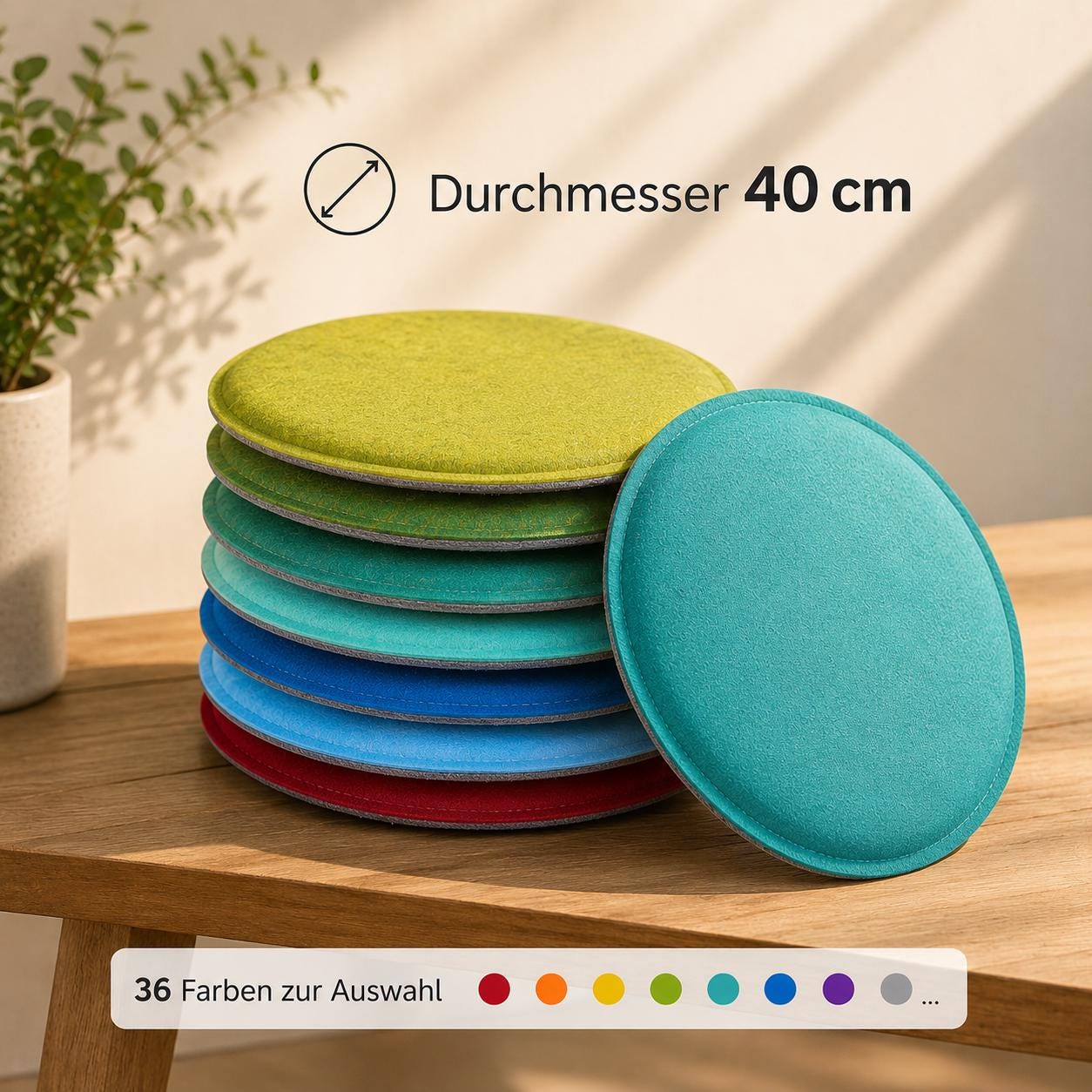 Ø 40cm Filz Kissen Auflage gepolstert universal rund Sitzkissen Stuhlkissen Bankauflage - 36 Farben - fair - made in Cologne