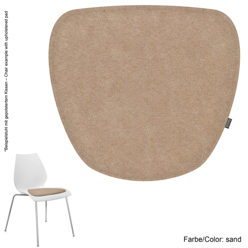 May include: A sand-colored, upholstered chair pad with a rounded shape and stitched edges. The pad is shown on a white chair with metal legs. The color is described as sand.