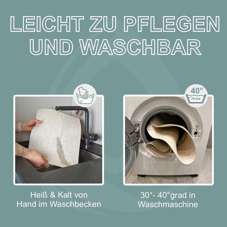 K&ouml;nnte beinhalten: Bild mit Pflegehinweisen f&uuml;r einen waschbaren Artikel. Der Text lautet: &bdquo;LEICHT ZU PFLEGEN UND WASCHBAR&ldquo;. Ein Bild zeigt Handw&auml;sche, das andere eine Waschmaschine mit einer maximalen Temperatur von 40&deg;C. Bei dem Artikel handelt es sich offenbar um einen Teppich oder eine Matte.