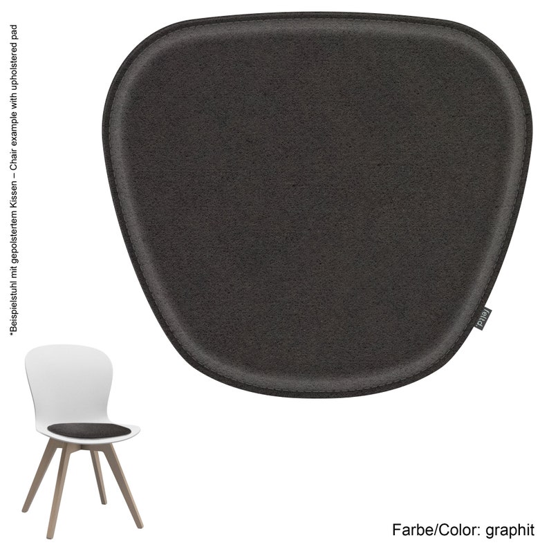 May include: A dark gray chair cushion with a stitched edge. The cushion is made of felt and has a label that says "feltd."