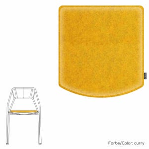 May include: A yellow felt chair cushion with a slightly curved bottom edge. The cushion is labeled "Farbe/Color: curry".
