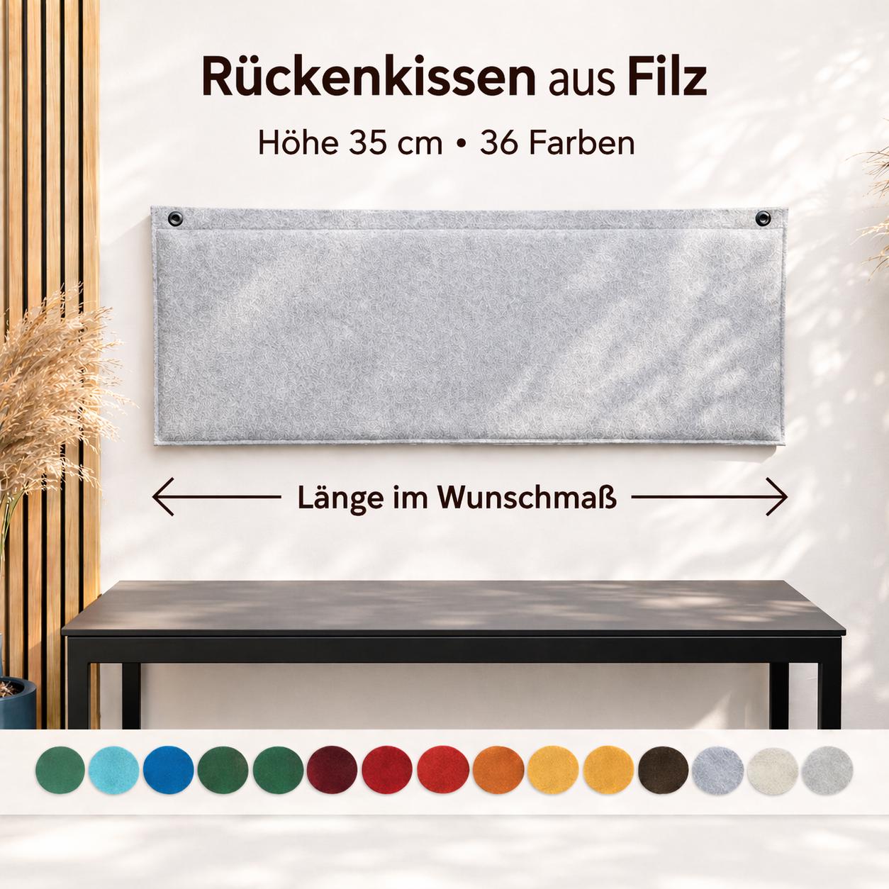 35 cm hohes Filz Wandkissen – INKL. WANDHALTERUNGEN – Rückenpolster – Länge im Wunschmaß – 36 Farben – Fair & Handmade in Cologne