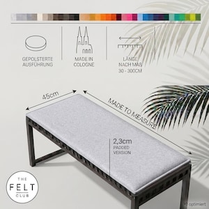 Cojín de banco de fieltro de 45 cm de profundidad y 23 mm de grosor, acolchado, universal – longitud disponible bajo pedido – 36 colores – comercio justo – fabricado en Colonia