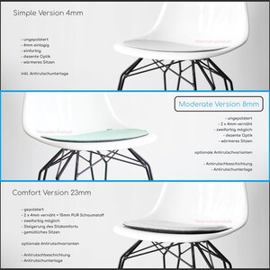 May include: White chair with black metal legs, showcasing three seat cushion options: Simple Version 4mm, Moderate Version 8mm, and Comfort Version 23mm. Each cushion is a different color and thickness, with text descriptions.