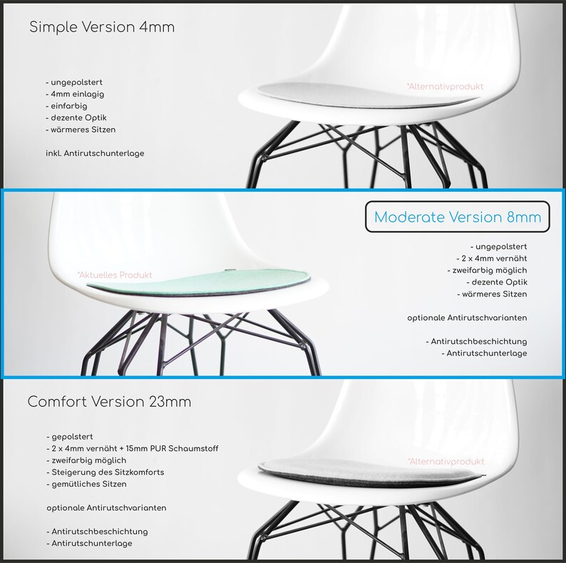 May include: White chair with black metal legs, showcasing three seat cushion options: Simple Version 4mm, Moderate Version 8mm, and Comfort Version 23mm. Each cushion is a different color and thickness, with text descriptions.