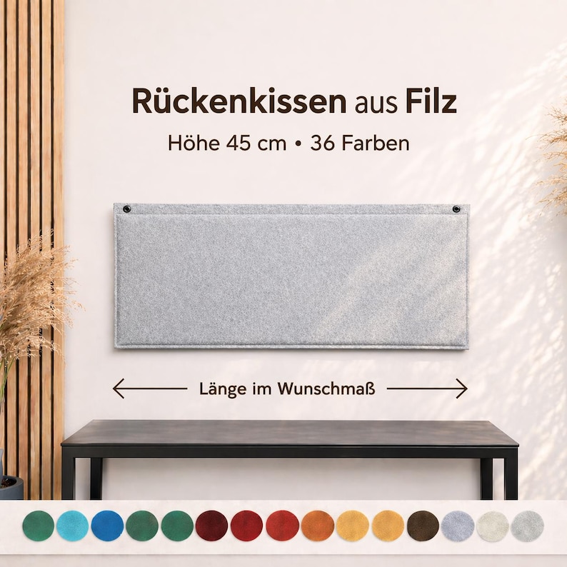 K&ouml;nnte beinhalten: Ein hellgrauer Wandorganizer aus Filz mit zwei Metall&ouml;sen. Der Text oben lautet "R&uuml;ckenkissen aus Filz", "H&ouml;he 45 cm &bull; 36 Farben" und "L&auml;nge im Wunschma&szlig;". Die H&ouml;he betr&auml;gt 45 cm. Eine Auswahl farbiger Filzproben wird unten angezeigt.