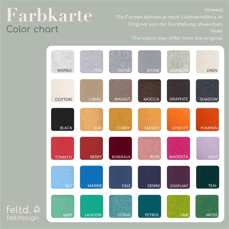 May include: A color chart with 30 different color swatches, each labeled with a color name. The chart includes shades of gray, brown, black, yellow, orange, red, pink, purple, blue, green, and white. The text "Color chart" is at the top.