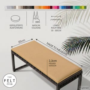 Cojín de banco de fieltro de 25 cm de profundidad y 23 mm de grosor, universal, longitud a medida, comercio justo, fabricado en Colonia.