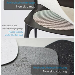 May include: A black chair with a white non-skid mat on the seat. The image also shows examples of non-skid felt pads in gray and black. Text on the image reads "Non skid mat" and "Non skid coating".