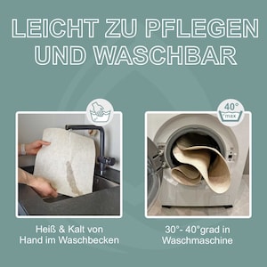May include: Image showing care instructions for a washable item. The text reads "EASY TO CARE FOR AND WASHABLE." One image shows hand washing, the other shows a washing machine with a 40&deg;C max temperature. The item can be washed by hand or in a machine.